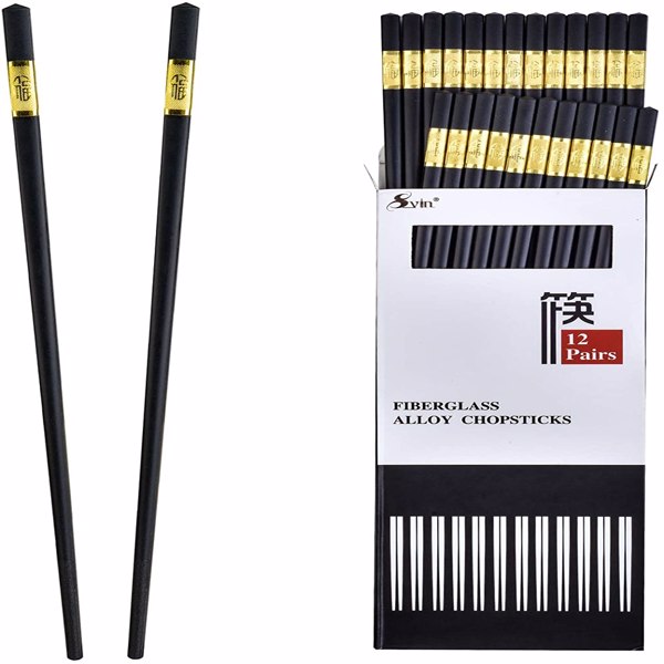 SVIN 12 Pairs Fiberglass Chopsticks - Reusable Chopsticks Dishwasher Safe, Chinese Japanese Korean Chop sticks, Non-Slip, 9 1/2 inches, Durable Chopsticks with Case - Gold