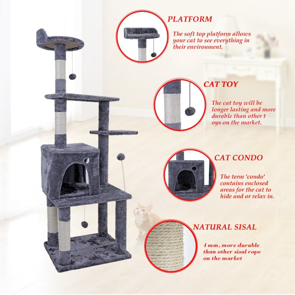Cat Tree,Kitty Toy Cat Scratching Post Natural Sisals Kitten Activity Tower Condo Stand Luxury Furniture Grey