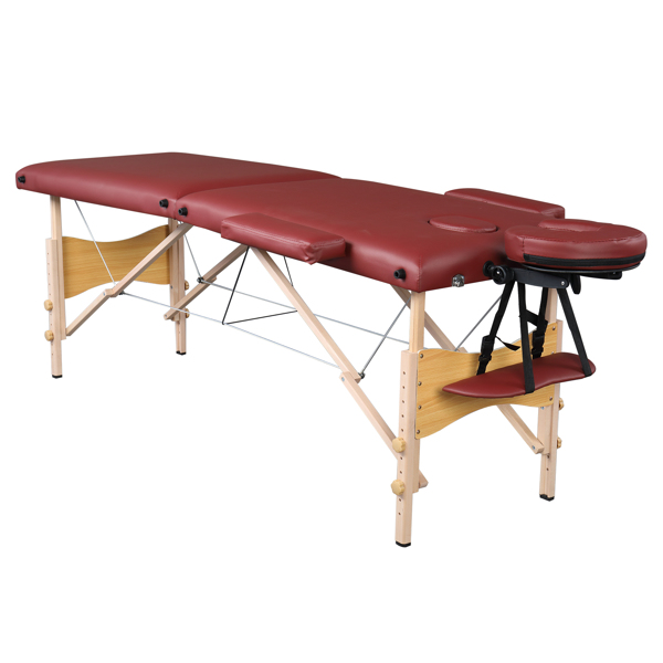 84" 2 Sections Folding Portable Beech Leg Beauty Massage Table 60CM Wide Adjustable Height Wine Red 