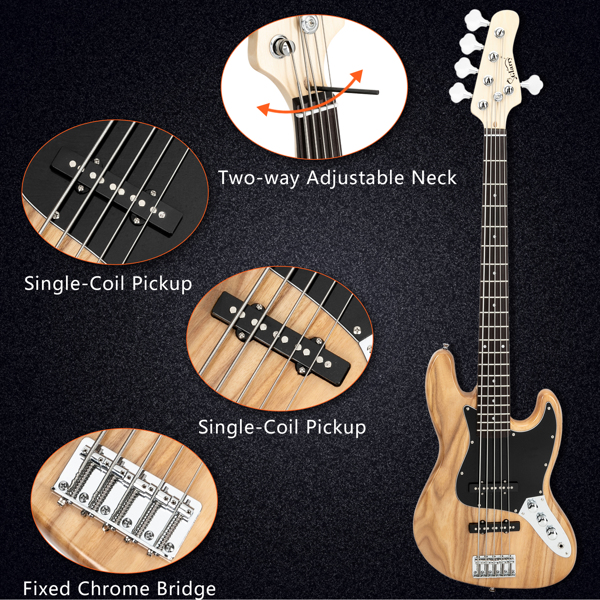 【Do Not Sell on Amazon】Full Size Glarry Gjazz Electric 5 String Bass Guitar 20W Amplifier Bag Strap Pick Connector Wrench Tool Log Color