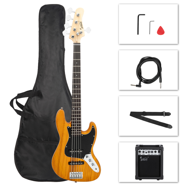 【Do Not Sell on Amazon】Full Size Glarry Gjazz Electric 5 String Bass Guitar 20W Amplifier Bag Strap Pick Connector Wrench Tool Transparent Yellow