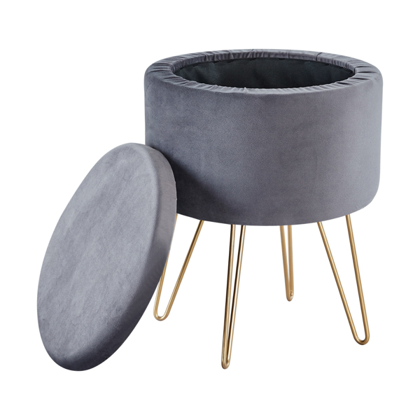 Round Velvet Footrest Stool Ottoman, Upholstered Vanity Chair Pouffe with Storage Function Seat/Tray Top Coffee Table Seat Dressing Chair with Golden Metal Leg Grey