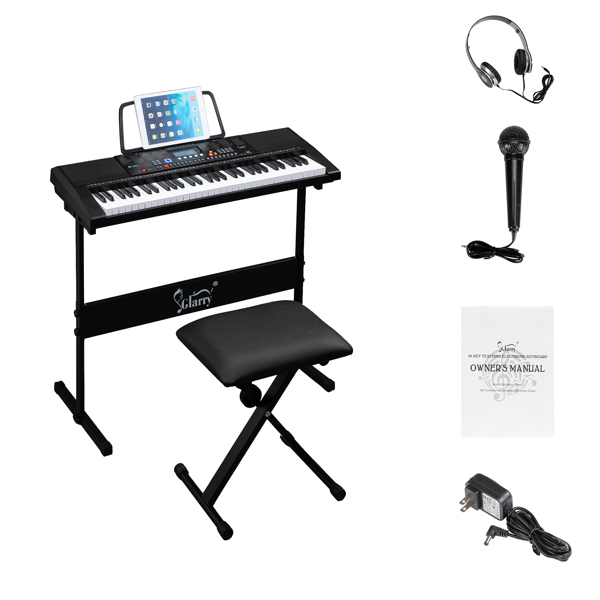 【Do Not Sell on Amazon】Glarry GEP-104 61 Key Portable Keyboard with Piano Stand, Piano Bench, Built In Speakers, Headphone, Microphone, Music Rest, LCD Screen, USB Port & 3 Teaching Modes for Beginner