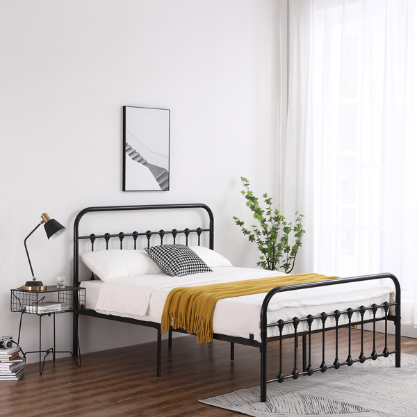 Single-Layer Curved Frame Bed Head and Foot Tube with Shell Decoration Queen Black Iron Bed
