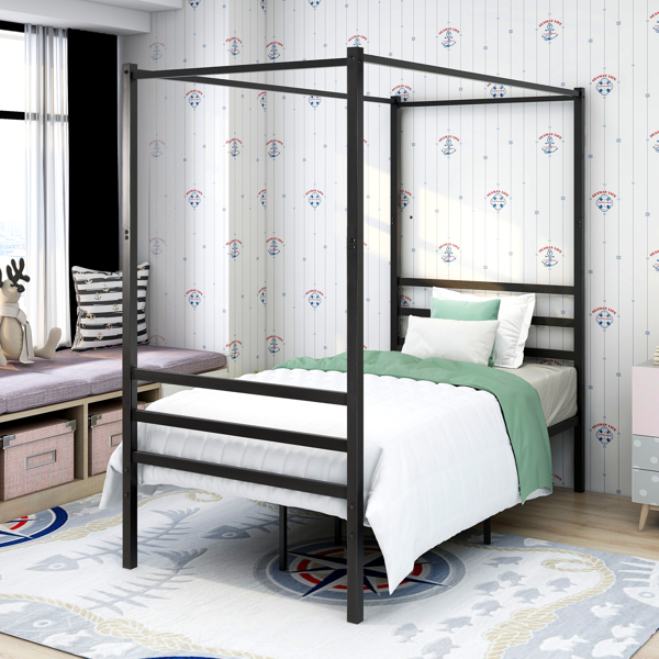 Canopy Metal Bed with Headboard Mattress Foundationt Platform Frame Metal Slat ,Black Full Size