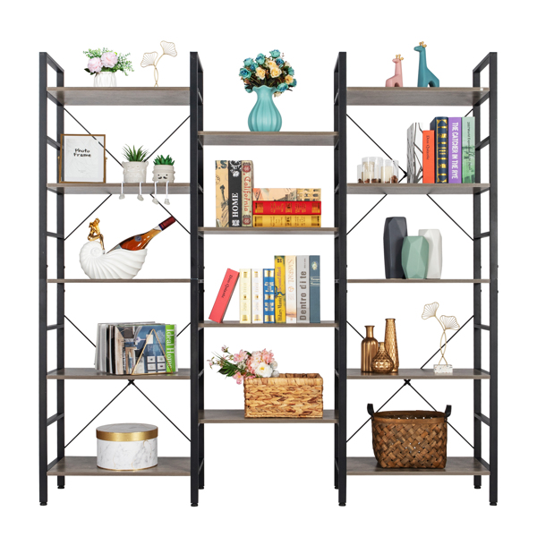 Triple Wide 5-Shelf Bookcase, Etagere Large Open Bookshelf Vintage Industrial Style Shelves Wood and Metal bookcases Furniture for Home & Office (Gray) 