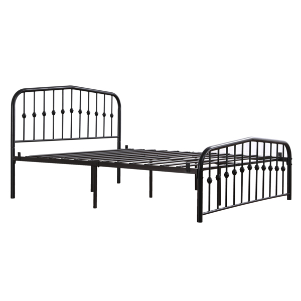 Single-Layer Curved Frame Bed Head and Foot Center Raised Vertical Pipe with Ball Decoration Queen Black Iron Bed