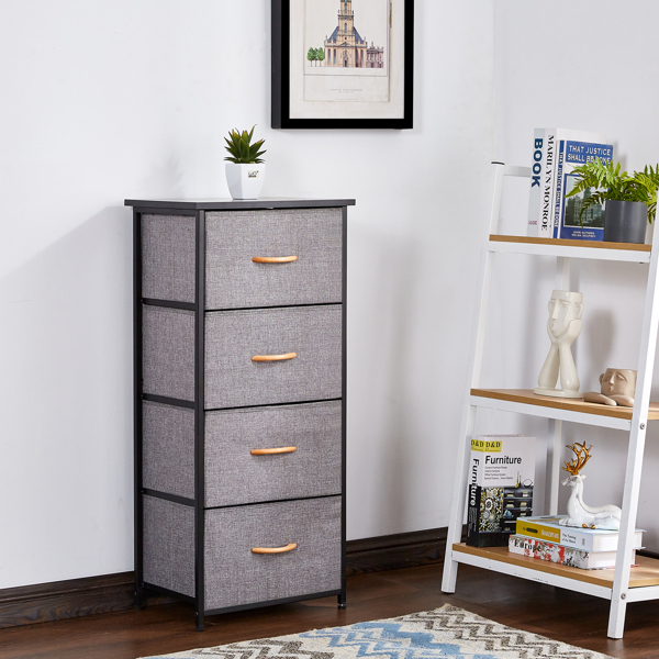 4 Drawers Dresser Narrow Storage Tower Nightstand With Sturdy Steel Frame Waterproof Solid Wood Top, Easy Pull Fabric Bins, Wood Handles, Organizer Unit for Bedroom, Hallway, Entryway, Closets
