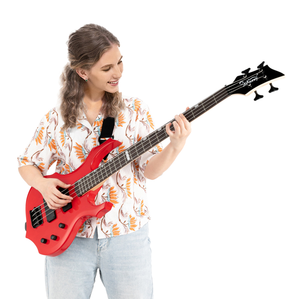 【Do Not Sell on Amazon】Full Size Glarry 4 String Burning Fire enclosed H-H Pickup Electric Bass Guitar with 20W Amplifier Bag Strap Connector Wrench Tool Red