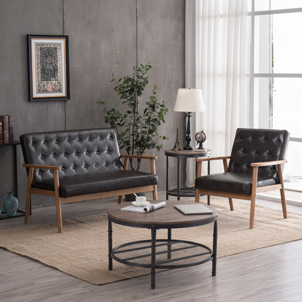 单人座 A款靠背拉点实木扶手 棕色PU 复古风 室内休闲椅 -44