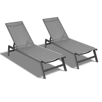 Outdoor 2-Pcs Set Chaise Lounge Chairs, Five-Position Adjustable Aluminum Recliner,All Weather For Patio, Beach, Yard, Pool ( Gray Frame/ Dark Gray fabric) [Weekend can not be shipped, order with caut
