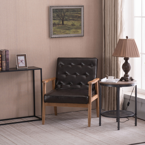 单人座 A款靠背拉点实木扶手 棕色PU 复古风 室内休闲椅 -35