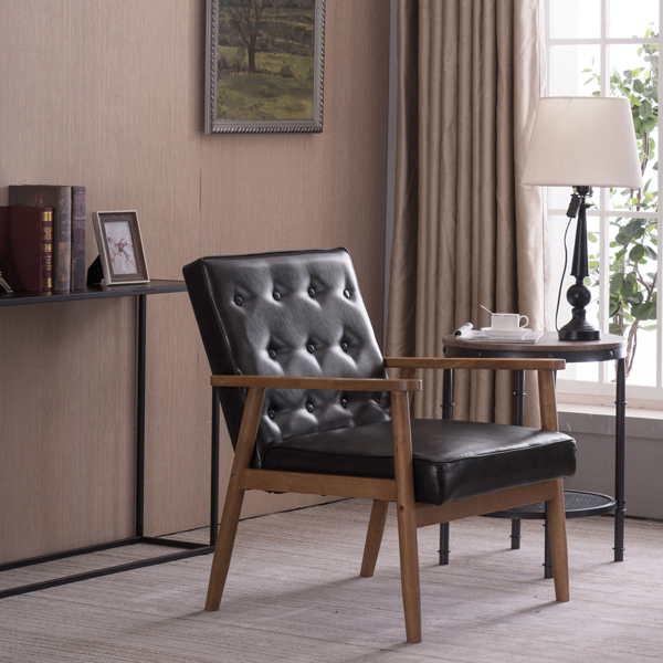 单人座 A款靠背拉点实木扶手 棕色PU 复古风 室内休闲椅 -22