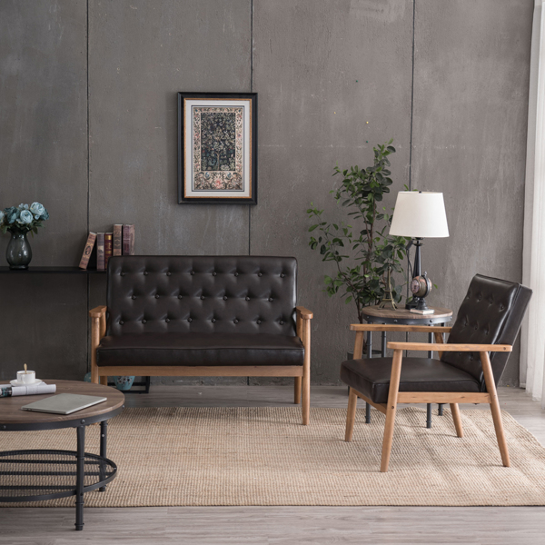 单人座 A款靠背拉点实木扶手 棕色PU 复古风 室内休闲椅 -38