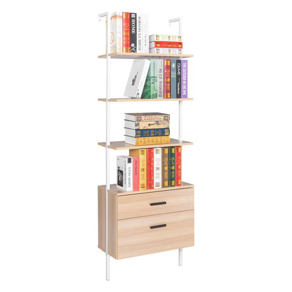 Industrial Bookshelf with Wood Drawers and Matte Steel Frame,Nutural/White