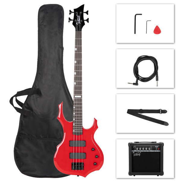 【Do Not Sell on Amazon】Full Size Glarry 4 String Burning Fire enclosed H-H Pickup Electric Bass Guitar with 20W Amplifier Bag Strap Connector Wrench Tool Red