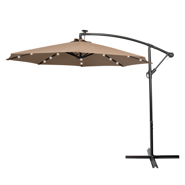 3M Garden Parasol with Solar-Powered LED Lights, Patio Umbrella with 8 Sturdy Ribs, Outdoor Sunshade Canopy with Crank and Tilt Mechanism UV Protection, Patio and Balcony Khaki