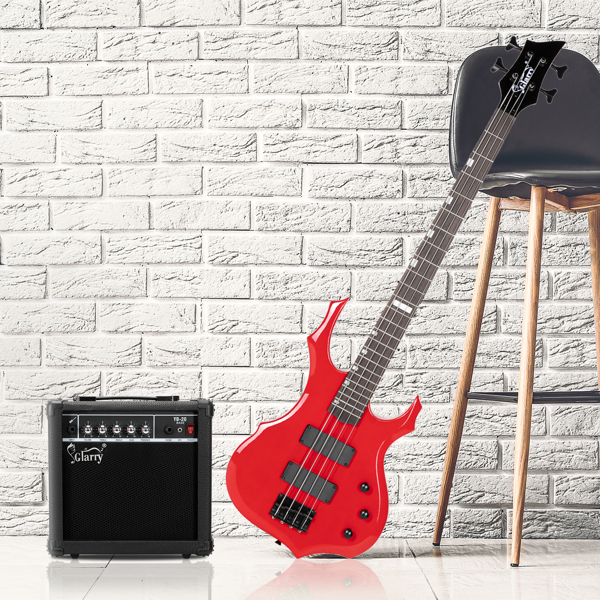 【Do Not Sell on Amazon】Full Size Glarry 4 String Burning Fire enclosed H-H Pickup Electric Bass Guitar with 20W Amplifier Bag Strap Connector Wrench Tool Red