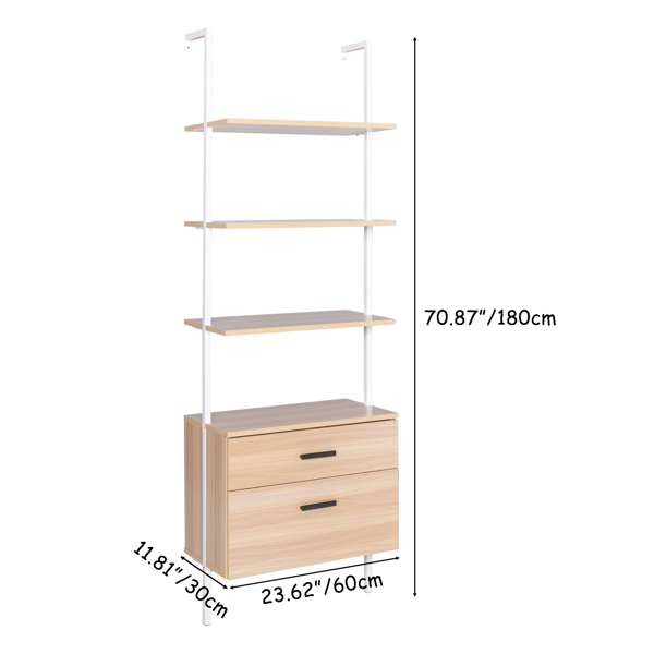 Industrial Bookshelf with Wood Drawers and Matte Steel Frame,Nutural/White