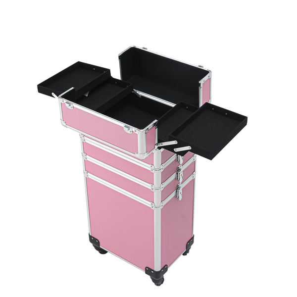 4-in-1 Draw-bar Style Interchangeable Aluminum Rolling Makeup Case Pink