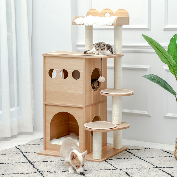 Modern Cat Tree Wooden Multi-Level Cat Tower Deeper Version Of Cat Sky Castle With 2 Cozy Condos, Luxury Perch And Interactive Dangling Balls Beige (Minimum Retail Price for US: USD 164.99) (Unable to