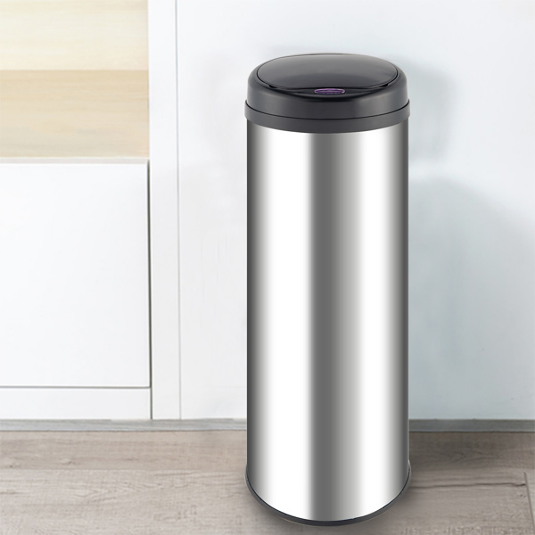 Smart Trash Can Cylindrical  Ordinary Mirror Barrel Body Φ30.5x78 Stainless Steel ABS Material Waterproof Black Induction Type Automatic