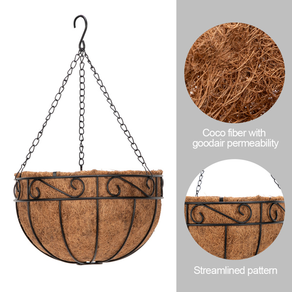 4pcs 14" Black Painted Round Wrought Iron Coconut Palm Hanging Basket