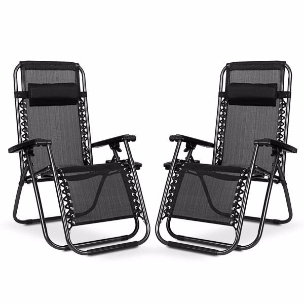 2 x Sun Lounger Garden Chairs with Cup Holder and Headrest Pillow Zero Gravity Chair Heavy Duty Textoline Chair Black