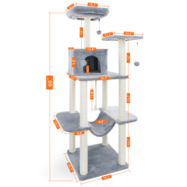 Multilevel Cat Tree Tower With Luxury Condo,Fully Wrapped Sisal Scratching Post,Plush Hammock And Dangling Balls Grey