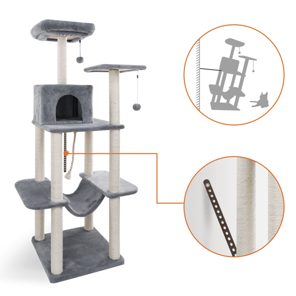 Multilevel Cat Tree Tower With Luxury Condo,Fully Wrapped Sisal Scratching Post,Plush Hammock And Dangling Balls Grey