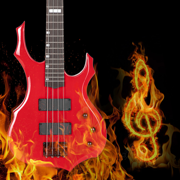 【Do Not Sell on Amazon】Full Size Glarry 4 String Burning Fire enclosed H-H Pickup Electric Bass Guitar with 20W Amplifier Bag Strap Connector Wrench Tool Red