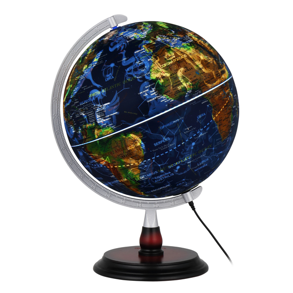 LALAHO 13in With Scale AR Constellation Light Embossed Globe Satellite Blue ABS Sphere Wooden Base