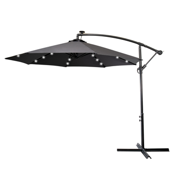 3M Garden Parasol with Solar-Powered LED Lights, Patio Umbrella with 8 Sturdy Ribs, Outdoor Sunshade Canopy with Crank and Tilt Mechanism UV Protection Patio and Balcony Grey