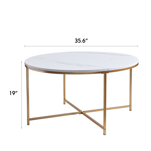Round Coffee Table, 35.6" Dia Faux Marble Coffee Table, White Coffee Table with Golden Frame for Living Room, Gold Console Table, Marble Top Coffee Table, Elegant and Sturdy