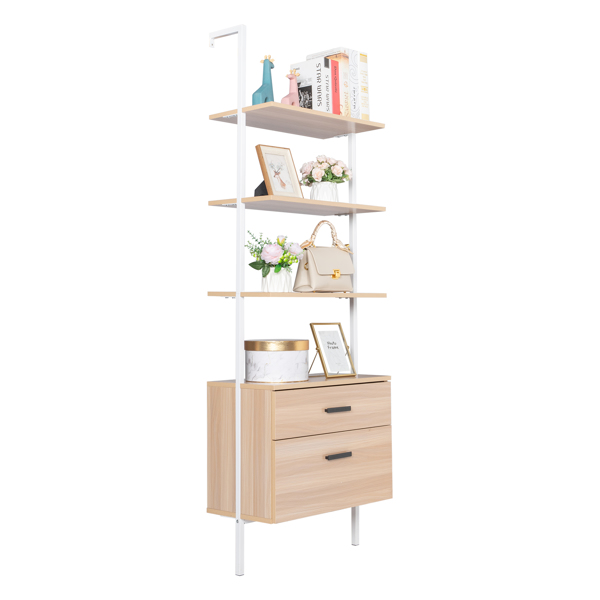 Industrial Bookshelf with Wood Drawers and Matte Steel Frame,Nutural/White