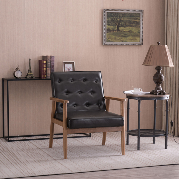 单人座 A款靠背拉点实木扶手 棕色PU 复古风 室内休闲椅 -24