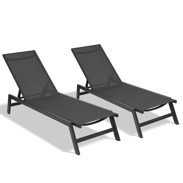 Outdoor 2-Pcs Set Chaise Lounge Chairs, Five-Position Adjustable Aluminum Recliner,All Weather For Patio, Beach, Yard, Pool ( Gray Frame/ Black Fabric) [Sale to Temu is Banned.Weekend can not be shipp