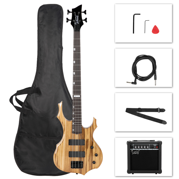 【Do Not Sell on Amazon】Full Size Glarry 4 String Burning Fire enclosed H-H Pickup Electric Bass Guitar with 20W Amplifier Bag Strap Connector Wrench Tool Burlywood