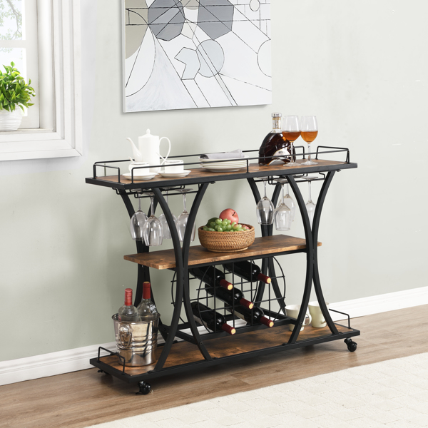 Industrial Black Bar Cart with Wine Rack and Glass Holder 