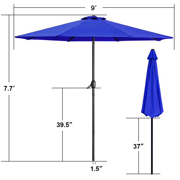 9FT Blue Patio Umbrella Pool Umbrella Table Umbrella with Push Button Tilt and Crank, 8 Steel Ribs, Polyester