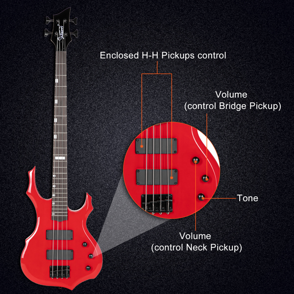 【Do Not Sell on Amazon】Full Size Glarry 4 String Burning Fire enclosed H-H Pickup Electric Bass Guitar with 20W Amplifier Bag Strap Connector Wrench Tool Red