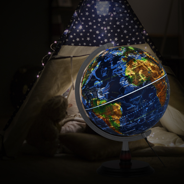 LALAHO 13in With Scale AR Constellation Light Embossed Globe Satellite Blue ABS Sphere Wooden Base