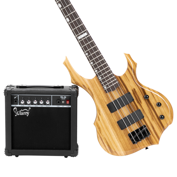 【Do Not Sell on Amazon】Full Size Glarry 4 String Burning Fire enclosed H-H Pickup Electric Bass Guitar with 20W Amplifier Bag Strap Connector Wrench Tool Burlywood