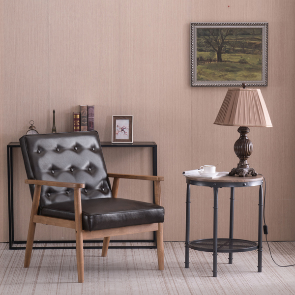 单人座 A款靠背拉点实木扶手 棕色PU 复古风 室内休闲椅 -37
