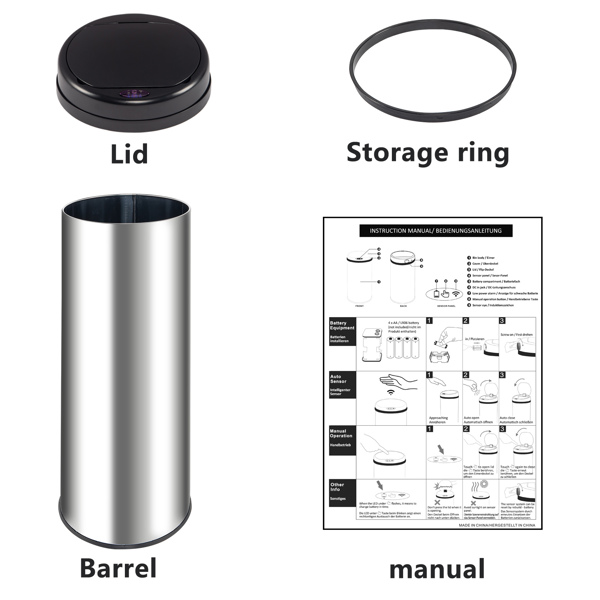 Smart Trash Can Cylindrical  Ordinary Mirror Barrel Body Φ30.5x78 Stainless Steel ABS Material Waterproof Black Induction Type Automatic