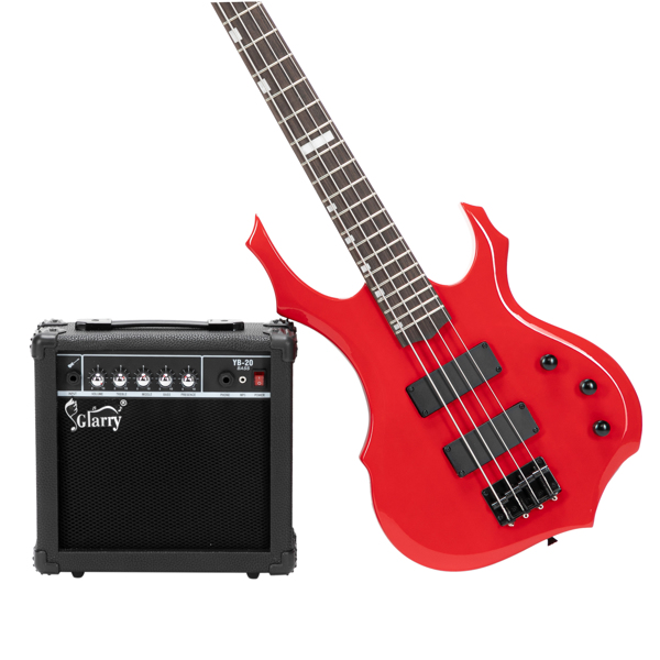 【Do Not Sell on Amazon】Full Size Glarry 4 String Burning Fire enclosed H-H Pickup Electric Bass Guitar with 20W Amplifier Bag Strap Connector Wrench Tool Red