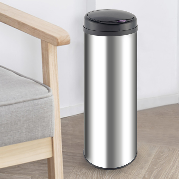 Smart Trash Can Cylindrical  Ordinary Mirror Barrel Body Φ30.5x78 Stainless Steel ABS Material Waterproof Black Induction Type Automatic