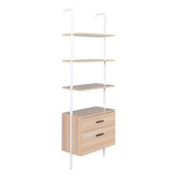 Industrial Bookshelf with Wood Drawers and Matte Steel Frame,Nutural/White