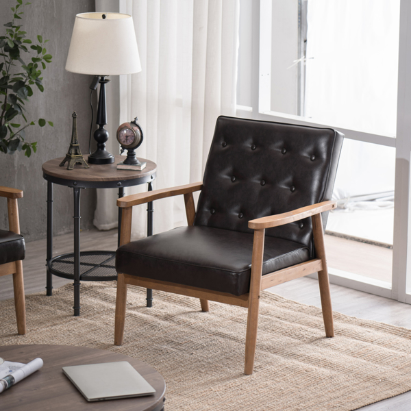单人座 A款靠背拉点实木扶手 棕色PU 复古风 室内休闲椅 -43