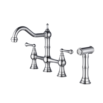 Kitchen sink faucet with pull-out side spray, modern and chic bridge shaped double handle rotary nozzle solid basin faucet